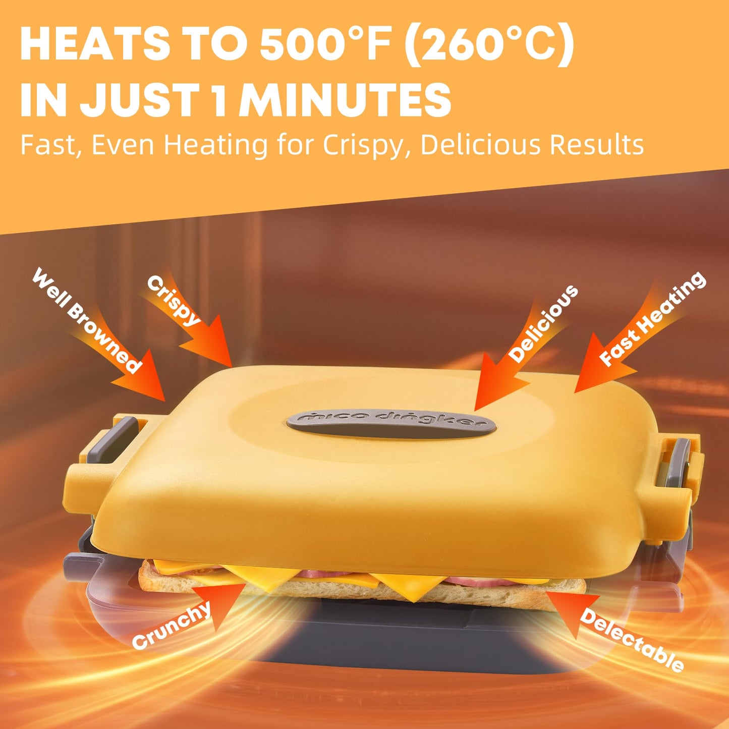 Mico Dingker Microwave Toastie Sandwich Maker, Snack Maker & Panini Press, Removable Non-Stick Plates, Silicone Microwavable Cookware, Heatwave Technology, Orange