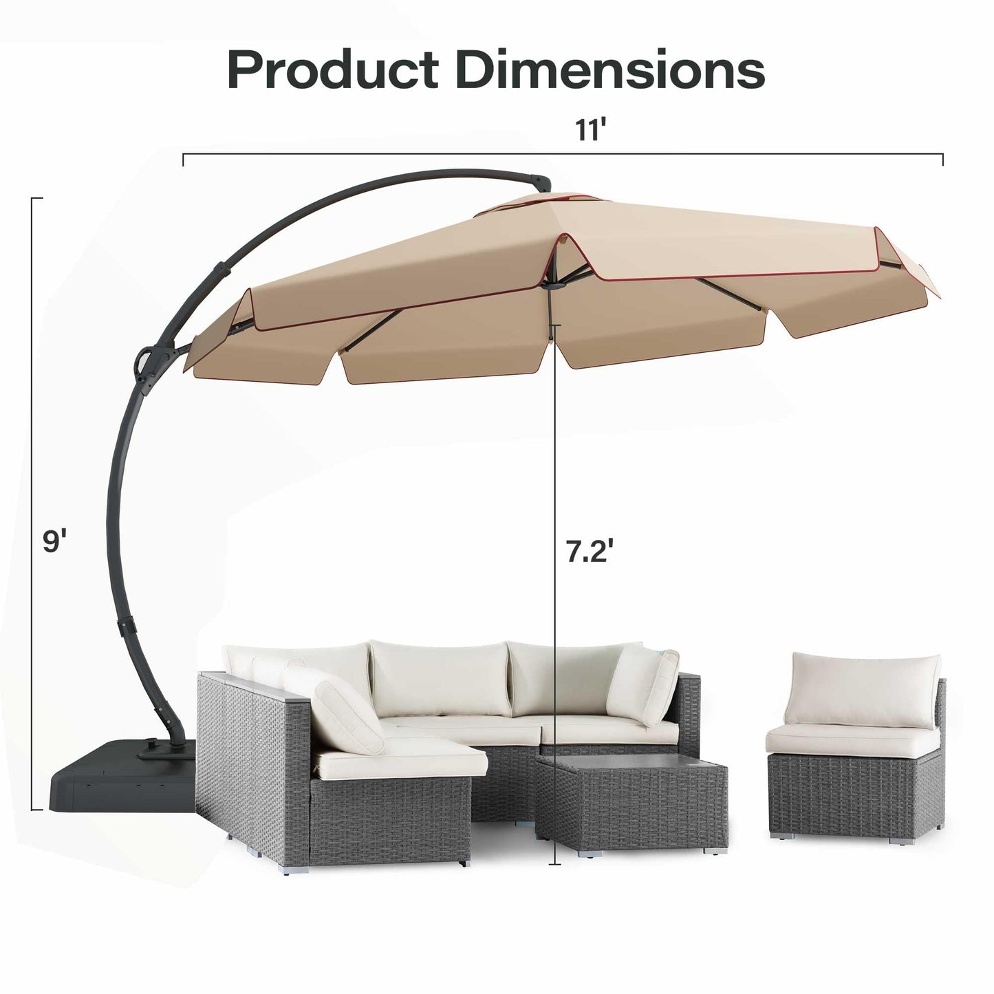 EO Living 11FT Cantilever Patio Umbrella with Base, 360° Rotation Offset Outdoor Umbrella, Heavy Duty Rust-Resistant, UV Protection Waterproof Shade for Backyard, Pool, Garden, Deck (Beige)