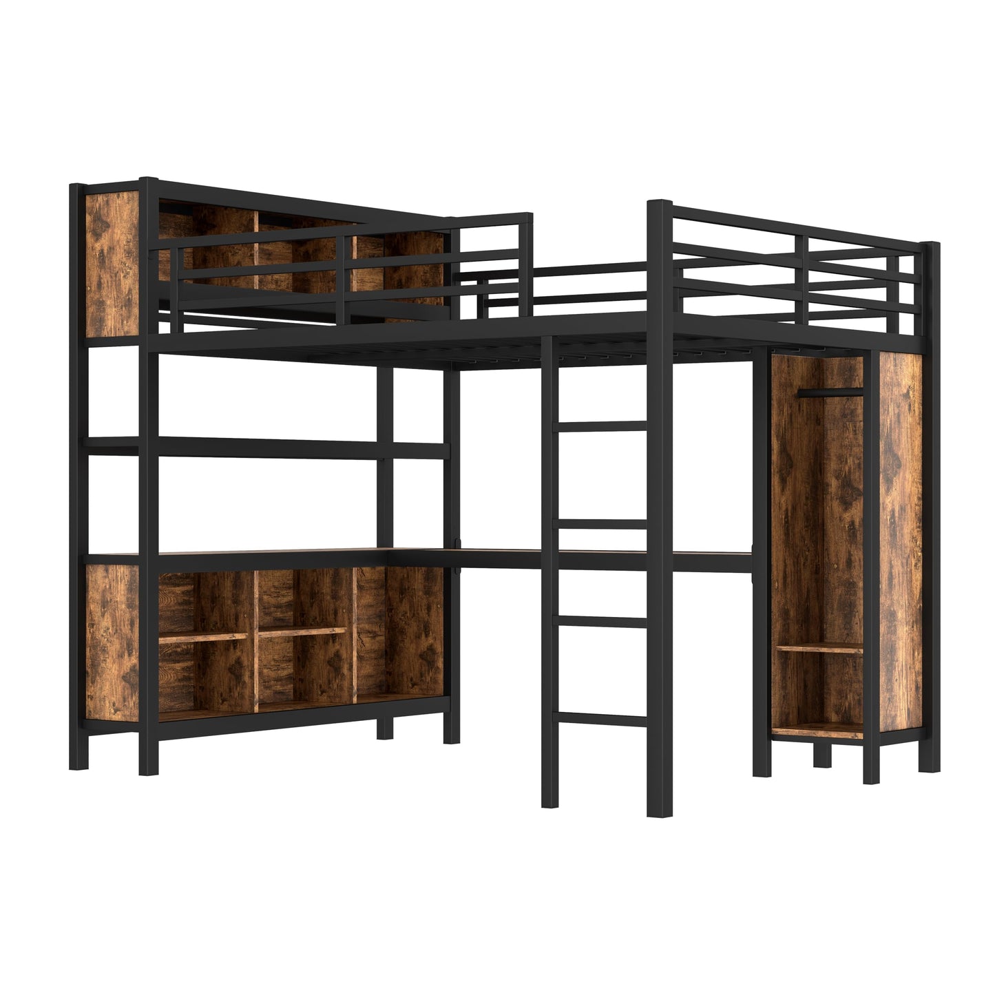 Ball & Cast Metal Loft Bed with Wardrobe and L-Shaped Desk,Queen Size Loft Bed with Storage Cubes and Shelves,Heavy Duty Loft Bed Frame for Kids Teens Adults,No Box Spring Need,Black+Brown