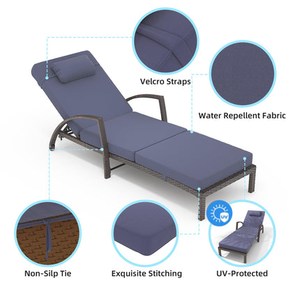 GarveeLife 2-Piece Rattan Patio Folding Chaise Lounge, 5-Position Adjustable Backrest Outdoor Lounge Chair with Cushion and Pillow for Poolside, Backyard, Deck, Porch, Blue
