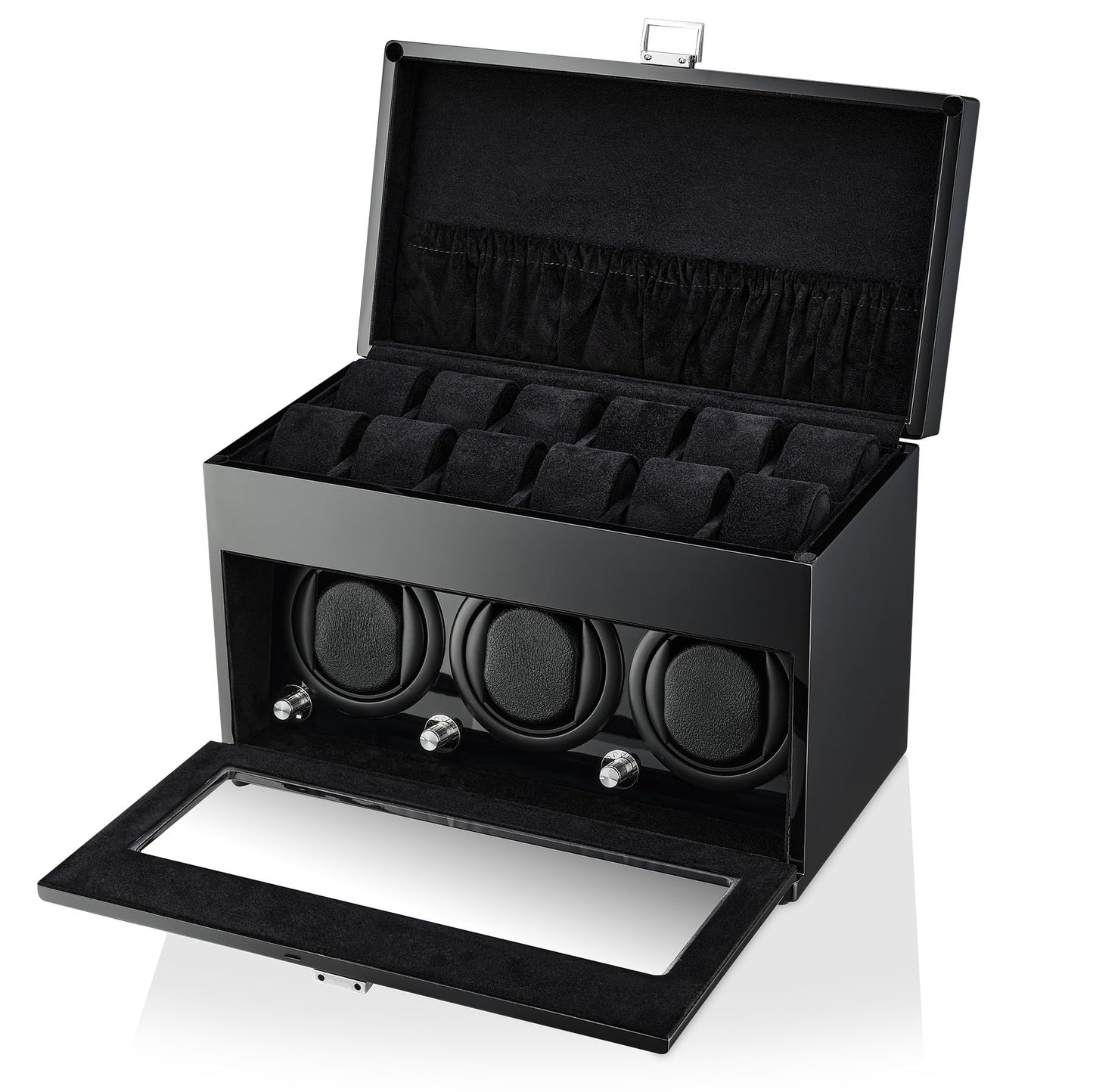Watch Winder and Storage Box for Winding 3 Automatic Watches and 12 Watch Storage Space (Black+ Black)