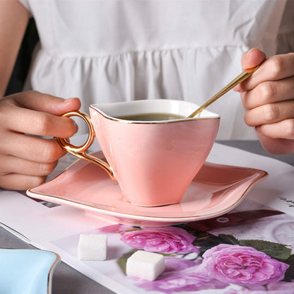 xiyouya 6-Piece Porcelain Ceramic Coffee Tea, Cups & Saucer Service Include 6 Cup，6 ，6 Teaspoons and Display Stand ，200ml/6.8oz(B)