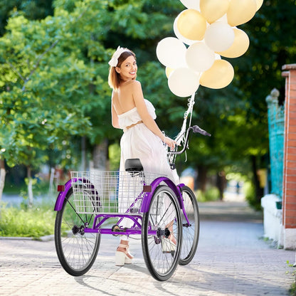 Brightpeak 1 Speed Adult Tricycle, 26 inch Cruiser Trike with Large Basket for Women Men Seniors, 3 Wheel Bike for Outdoor, Shopping, Recreation, Picnic (Purple)