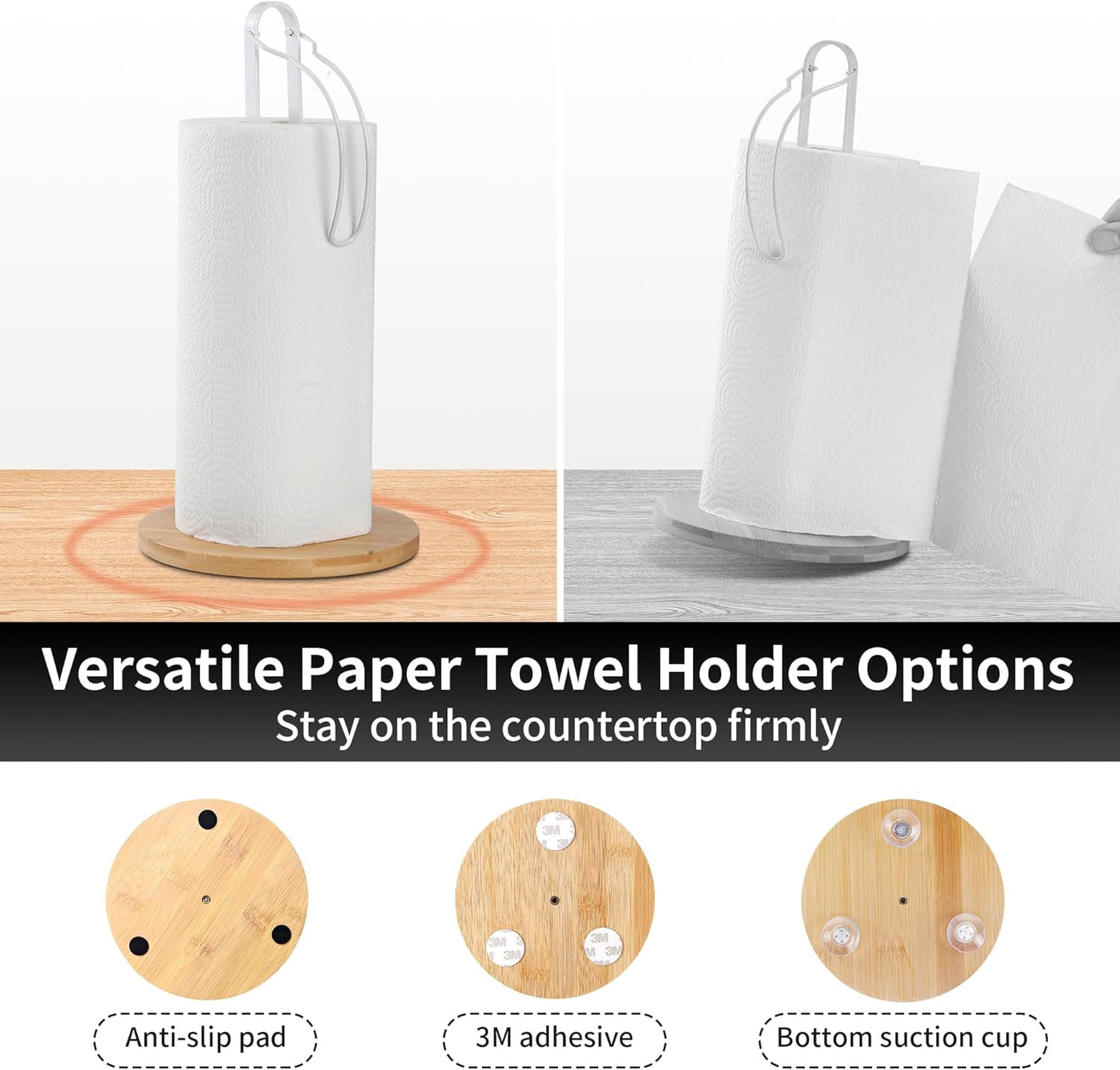 Wood Paper Towel Holder with Fixer, Free-Standing Kitchen Towel Holder with Non-Slip Wooden Base - White