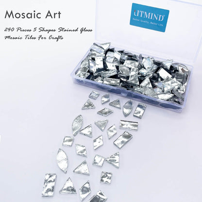 LITMIND Silver Stained Glass Mirror Mosaic Tiles with Black Backing - 240 Pieces in 5 Shapes (Rectangle, Triangle, Rhombus, Square, Leaf) Mixed Sizes for Crafts, Mosaic Projects & Home Décor