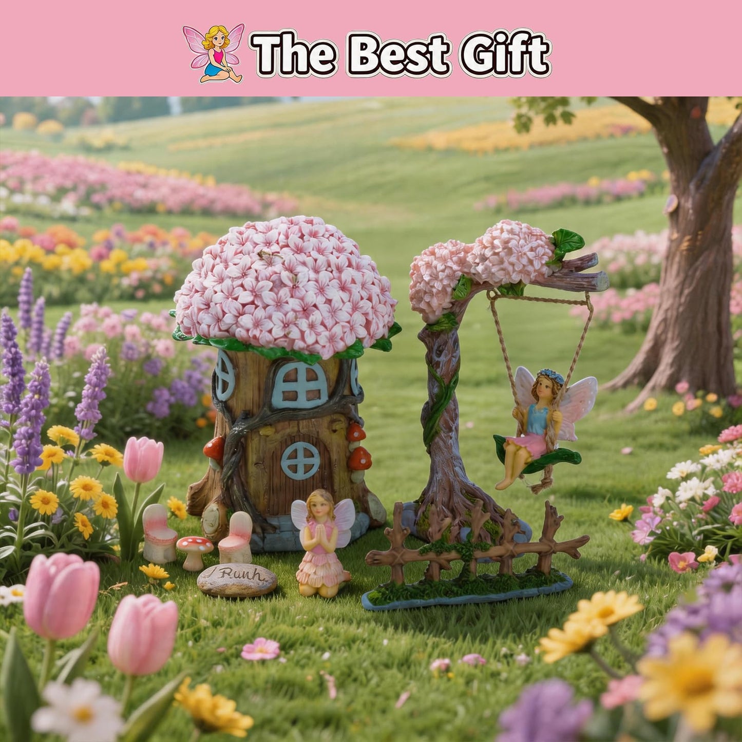 Landoraloria Miniature 8 Pcs Mini Garden Furniture, Fairy Garden Accessories Kit, Resin Figurines with Swing Set, Whimsical Theme, for Outdoor Patio, Yard, Lawn, or Desk