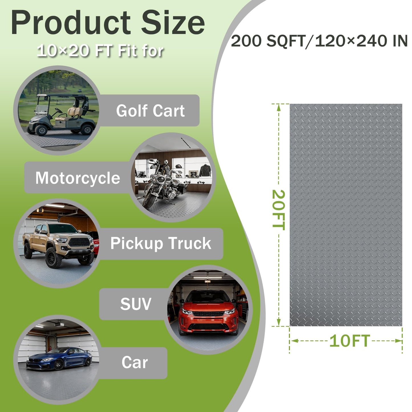 FomanXtre 10x20 FT Gray Garage Floor Mat, 2.8mm Thickened Flooring Roll for Under Car Diamond Plate PVC Rubber Mat with 20 Pcs Tapes, Non-Slip Floor Mat for Garage, Warehouse, Gyms, Trailer