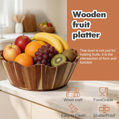 JIANXINGHOOM Wooden Fruit Bowl Large Serving Bowl for Kitchen Counter Ideal for Fruit Salad Mixing Snacks Desserts and Bread
