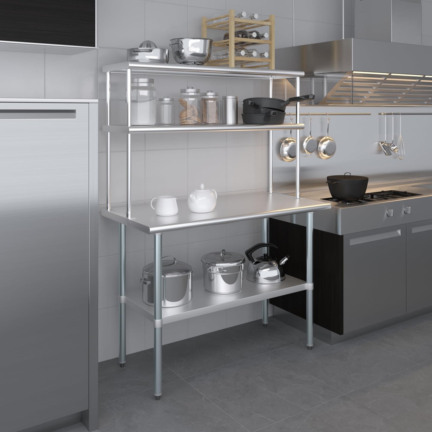 AmGood Stainless Steel Double Deck Overshelf – 14 in. x 48 in. – Heavy Duty, NSF Certified, Commercial-Grade, Adjustable Tiered Shelf for Kitchen Prep Tables and Workbenches