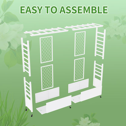 Sunnibety Raised Garden Bed with Trellis & Hanging Roof, Weatherproof Metal Planter Box with Wheels, Garden Arch Trellis for Outdoor Climbing Plants Vines Flowers, 74" H x 77" L x 17" W, White