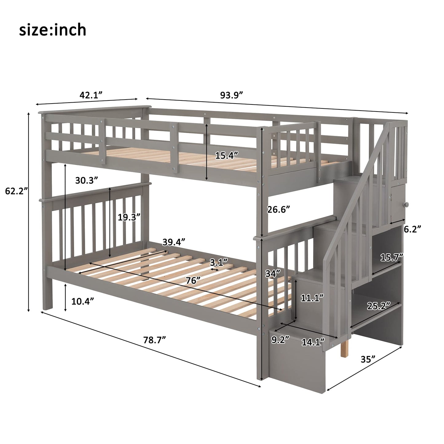 Ball & Cast Twin-Over-Twin Bunk Bed with Storage Ladder and Full-Length Guard Rail,Wood Bunkbed w/Slat Support,Space Saving,Bedframe Furniture for Student Dorms,Studio,Gray