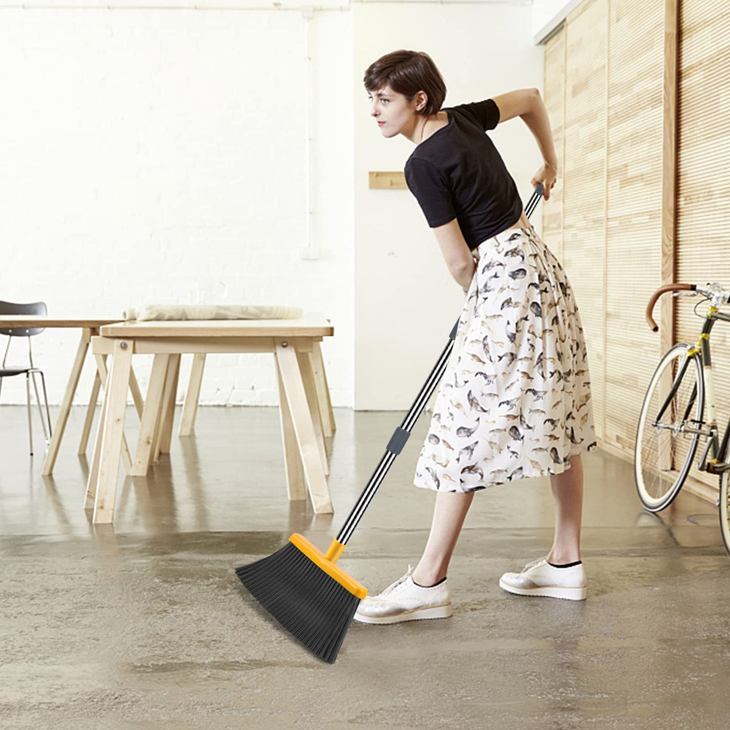 kelamayi Upgrade Broom and Dustpan Set, Broom with Dustpan Combo Set, Self-Cleaning with Dustpan Teeth, Indoor&Outdoor Sweeping, Stand Up Broom and Dustpan (Gray&Yellow)