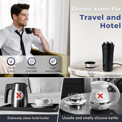 Portable Electric Kettle for Travel, 110-240V Auto, with LCD Display, 4 Temperature Settings, 350ML Stainless Steel
