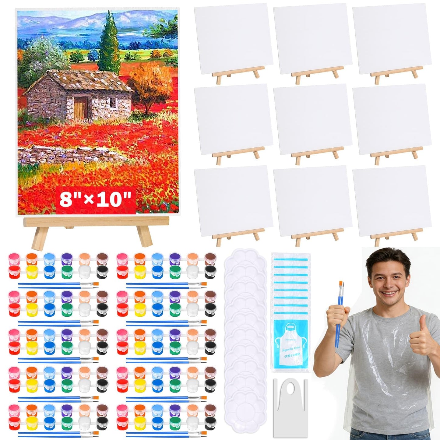 10 Pack 8x10 Inch Canvas and Easel Set, Art Canvas Boards Bulk with Easel Stand, Mini Acrylic Paint & Brushes Set, Paint Trays, Sip and Paint Kit for Adults Couples Day Night Paint Party