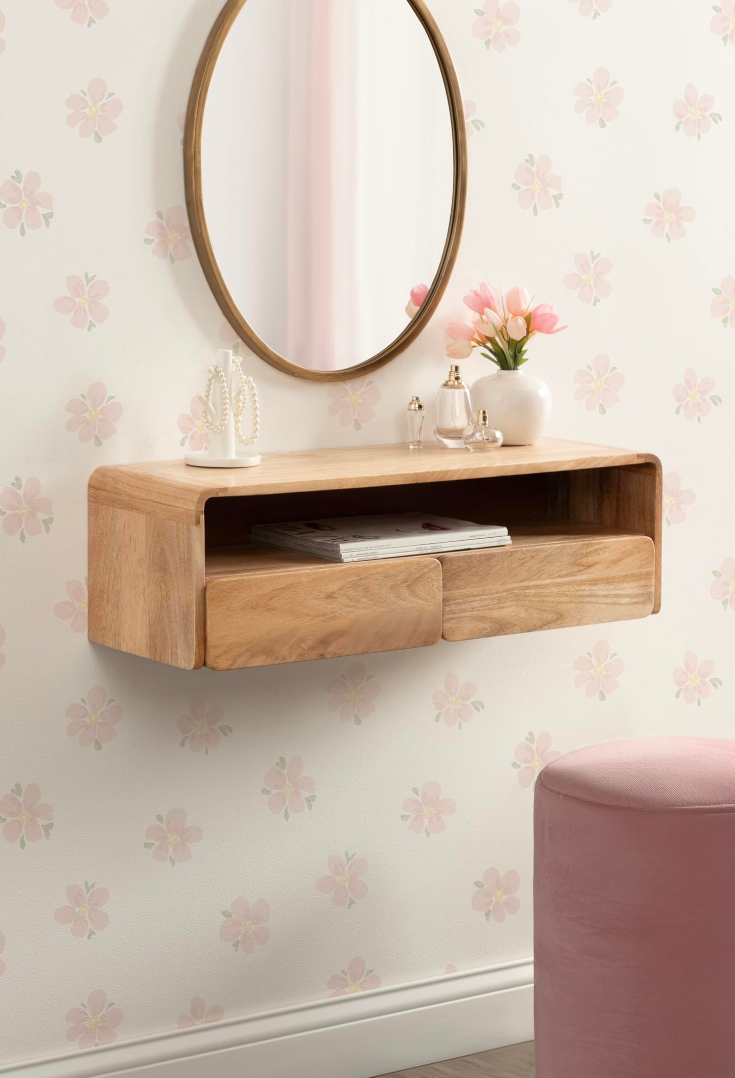 Kate and Laurel Kato Modern Floating Console Table for Entryway, 30 x 10 x 9, Natural Wood, Decorative Transitional Floating Entryway Table with Storage Drawers for Living Room Storage Wall Shelf