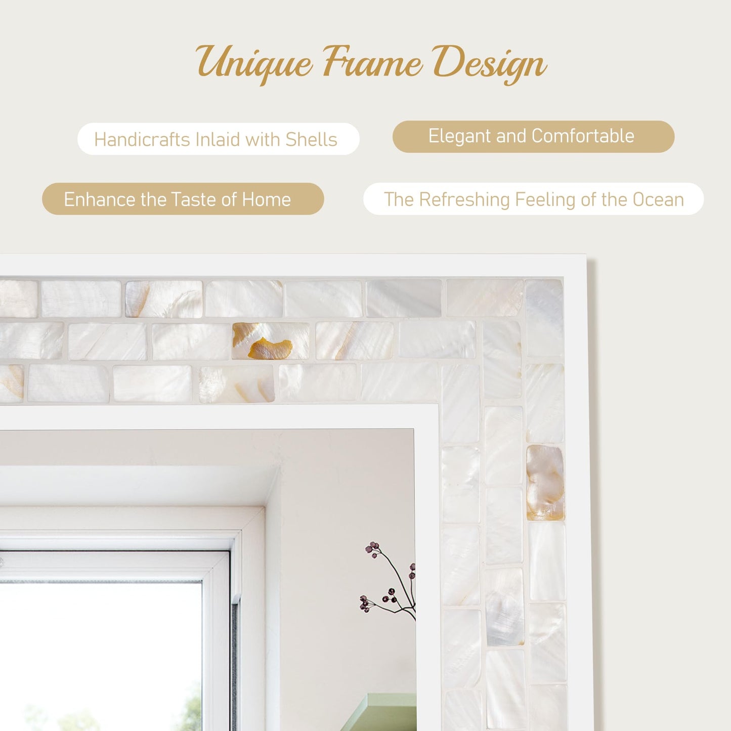 White Framed Bathroom Mirrors for Wall, 20x28 Inch Mother of Pearl Inlay Mirrors with Tempered Glass for Bathroom Bedroom or Living Room (Horizontal/Vertical Hanging)