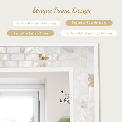White Framed Bathroom Mirrors for Wall, 20x28 Inch Mother of Pearl Inlay Mirrors with Tempered Glass for Bathroom Bedroom or Living Room (Horizontal/Vertical Hanging)