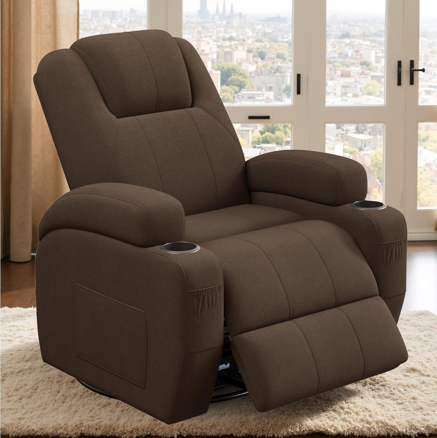Flamaker Swivel Rocker Recliner Chair with Vibration Massage, 360° Swivel Recliner Chairs for Adults Ergonomic Lounge Chair with Cup Holders Lazy Boy Recliner Single Sofa Seat (Fabric, Brown)