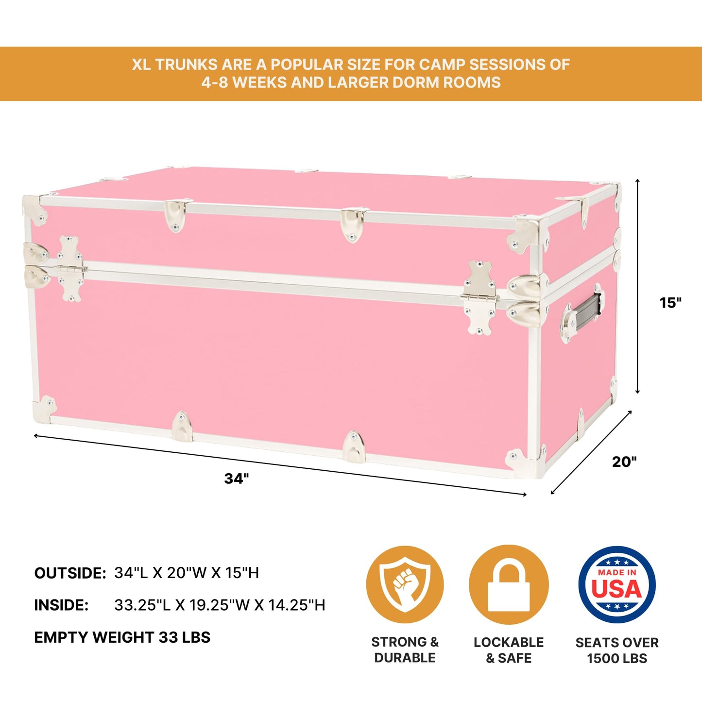 Rhino Trunk & Case Classic XL Trunk With Wheels 34"x20"x15", 1500+ lbs Capacity - Many Colors, Soft-Close Lid. Strong, USA Made Summer Camp Footlocker and Secure College Dorm Storage Chest