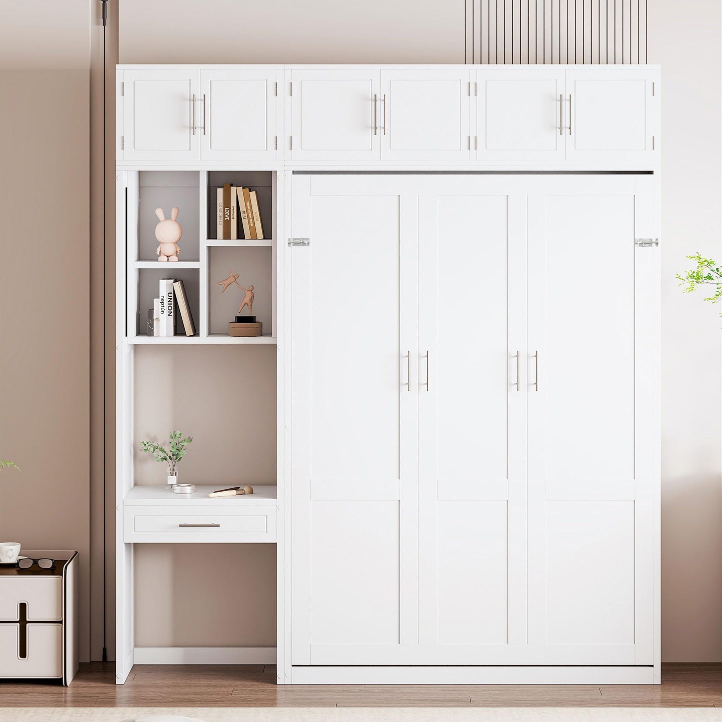 Merax Full Size Wall Murphy Bed with Desk, Top Cabinet and Storage Shelves, Space Saving Foldable Bed, Wooden Bed Frame