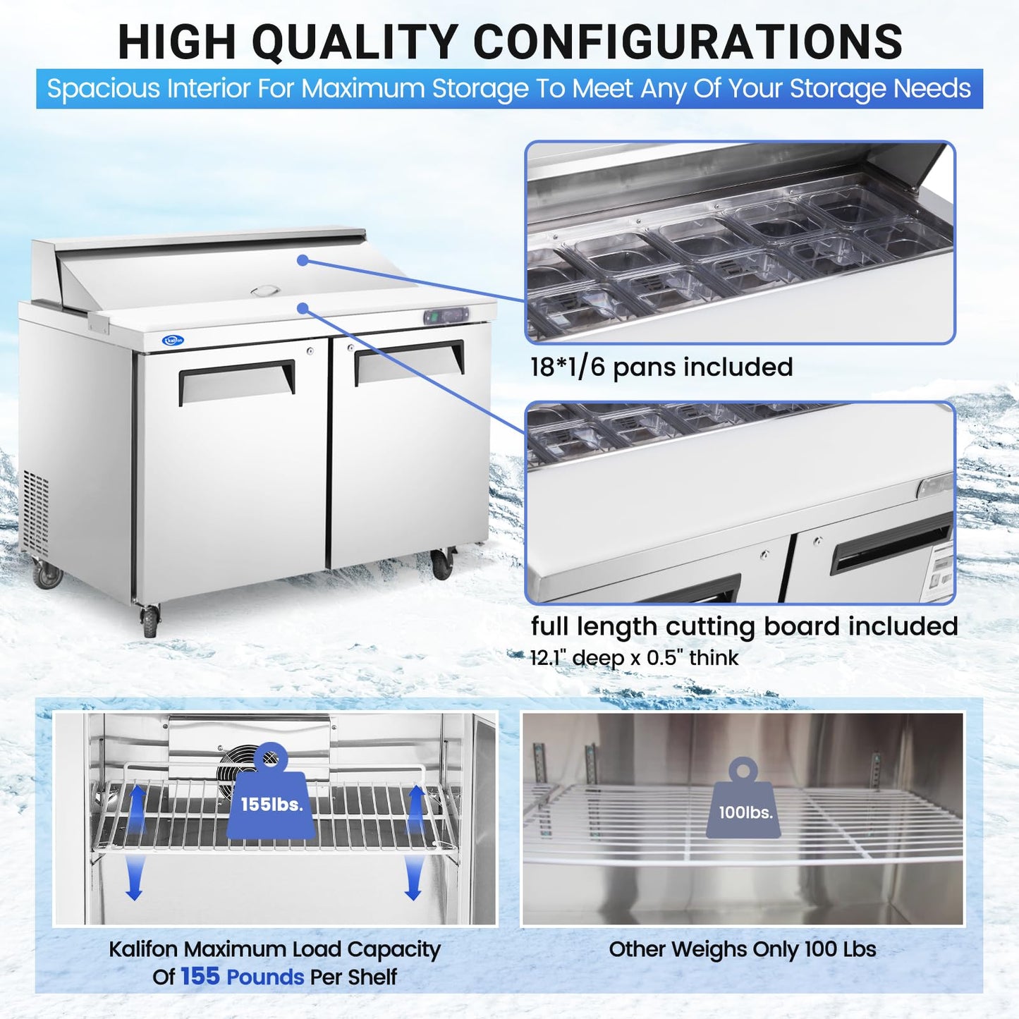 kalifon 48" W 2 Door Refrigerator Sandwich Salad Prep Table Commercial Stainless Steel Fan Cooling Refrigerator with Cutting Board, 2 Shelves & 18 Pans for Restaurant, Bar, Shop-12.9 Cu.ft