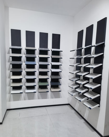 Heavy-Duty Wall Mount Tile Display Rack for Marble & Stone Samples, 7-Shelf Wooden Holder, Glass Sample Storage Stand for Retail, 30x20x170cm (11.8x7.9x66.9in)