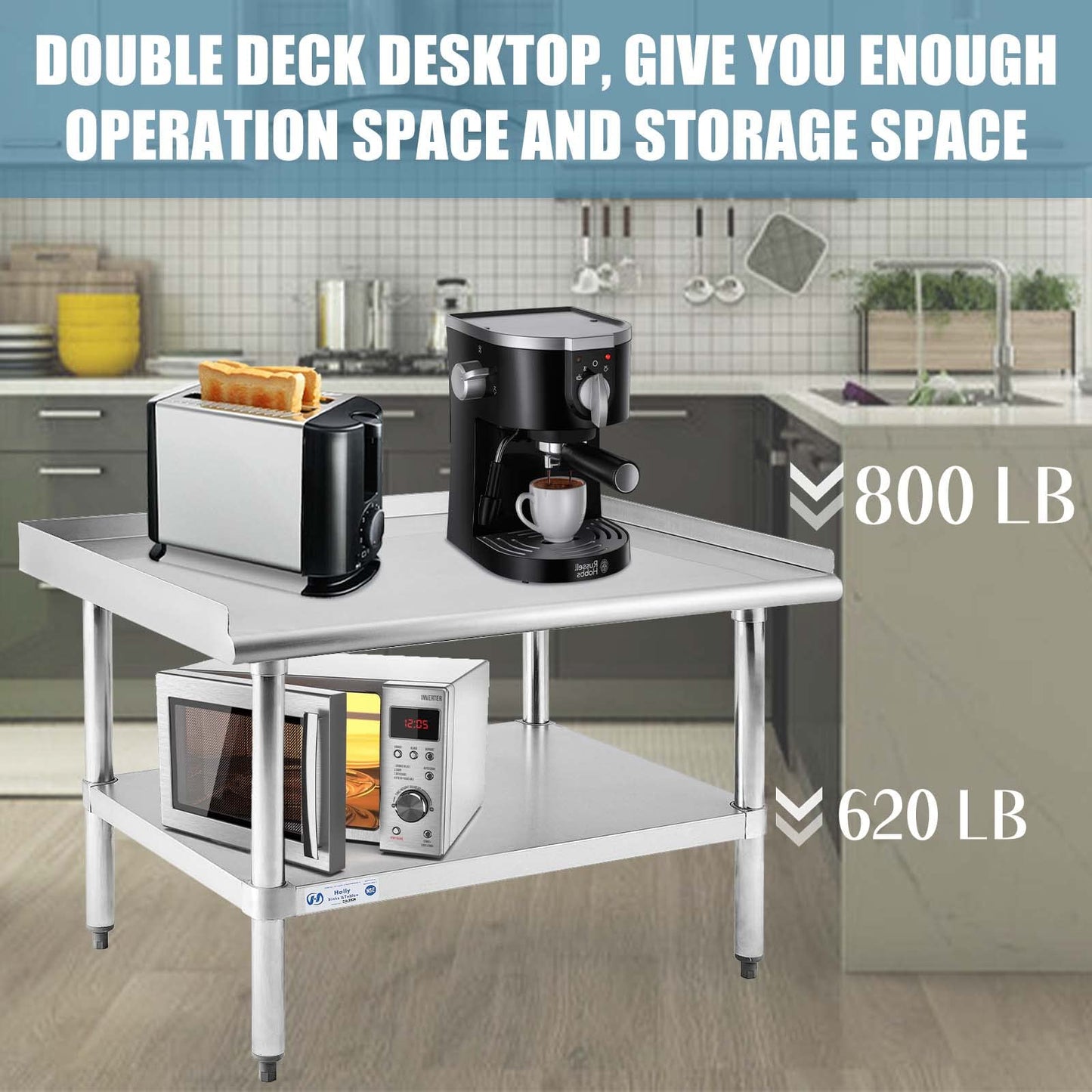 Hally Stainless Steel Equipment Stand 28x36 Inches with Undershelf, NSF Commercial Prep & Work Table with Rear and Side Risers, Heavy Duty Grill for Kitchen, Bar, Restaurant, Home and Hotel