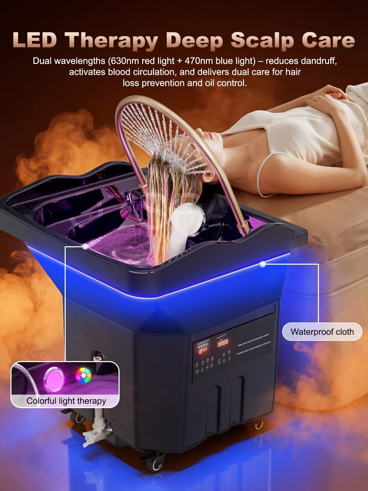 QEGOON Professional Head Spa Equipment, Portable Shampoo Bowl with LED Light Therapy, 60L Large Water Tank, Constant Temperature Water Circulation Shampoo Station for Beauty Salons Spas