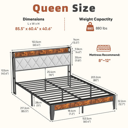 UOCFYK Queen Bed Frame, Platform Bed Frame with Storage Headboard with Charging Station, All Sturdy Metal Support, No Box Spring Needed, Easily Assemble, Grey + Brown