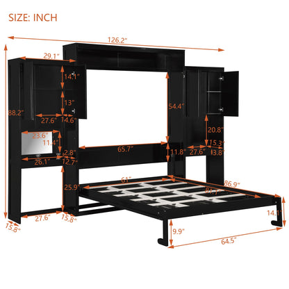 Ball & Cast Murphy Bed Queen Bed Frame with Headboard,Hideaway Bedframe w/Vanity and Cabinets,Wood Wall Cabinet,Slat Support,can be Folded,No Box Spring Needed,for Small Room,Espresso