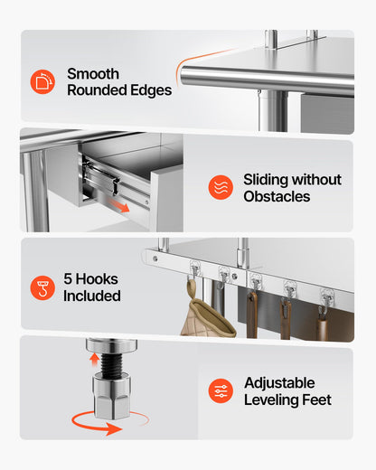 VEVOR Stainless Steel Work Table, 24x48 Inch Food Prep Table with Overshelves and 2 Drawers, Commercial Kitchen Workstation with Adjustable Undershelf, Metal Utility Worktable, for Restaurant Garage