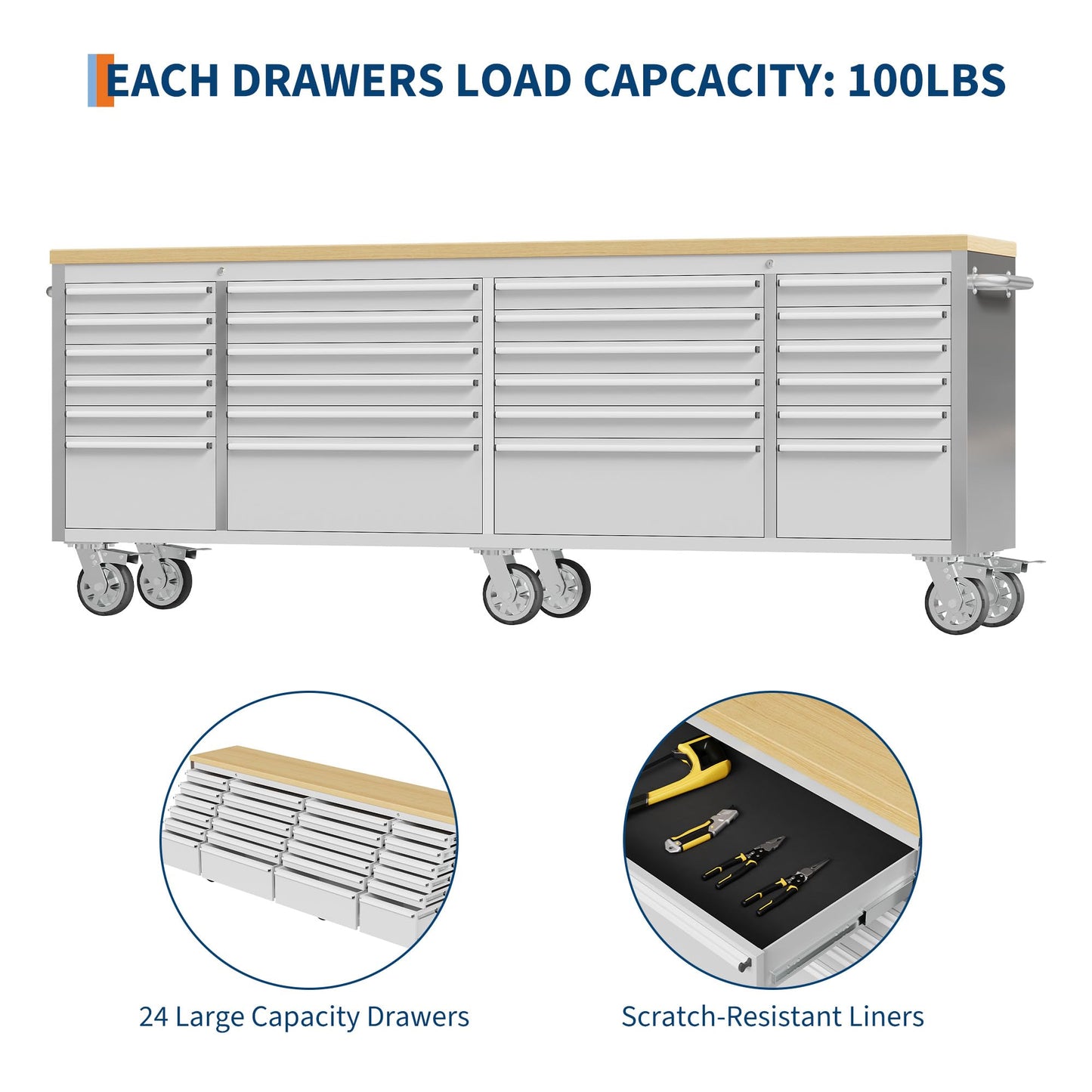 GarveeLife 96-Inch Rolling Tool Chest with 24 Drawers Garage Workbench, Solid Rubberwood Top, Storage Cabinet with Wheel Lock and Key Lock for Workshop, Garage, Kitchen and Home