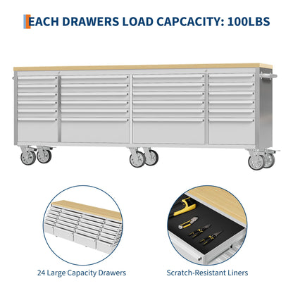 GarveeLife 96-Inch Rolling Tool Chest with 24 Drawers Garage Workbench, Solid Rubberwood Top, Storage Cabinet with Wheel Lock and Key Lock for Workshop, Garage, Kitchen and Home
