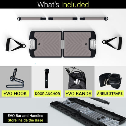 EVO Gym - Portable Home Gym Strength Training Equipment, At Home Gym | All in One Gym - 10 Resistance Bands, Base Holds Gym Bar & Handles for Travel | Portable Gym & Home Exercise Equipment | 320LBS