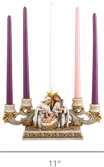 Needzo Advent Candle Holder - Gold Tone Holy Family Nativity Scene Centerpiece | 11 x 6.5 Inches