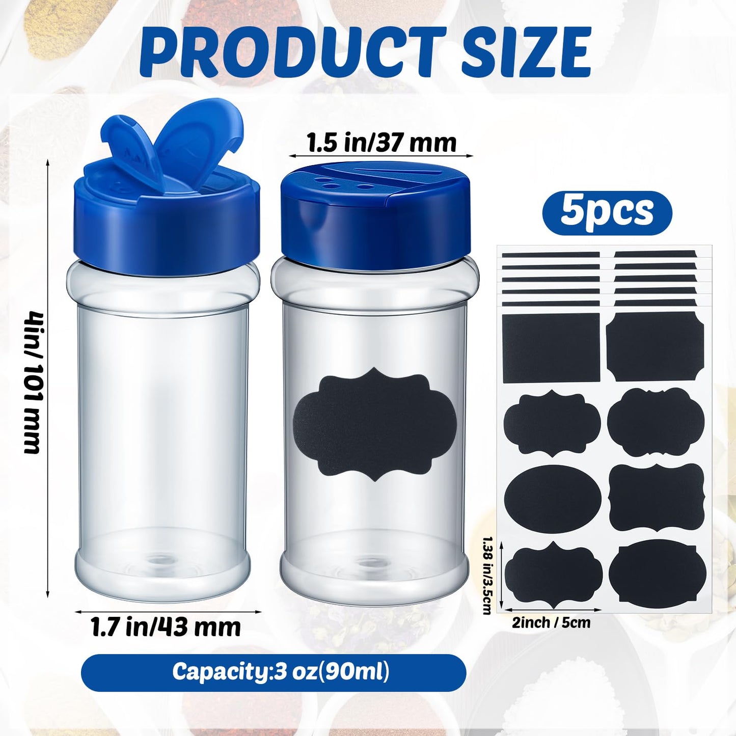 Eccliy 36 Pack 3 oz Clear Plastic Spice Jars with Label and Shaker Lids Empty Spice Bottles Seasoning Containers Seasoning Jars Shaker Condiment Pots for Pepper Herbs Powders(Blue)