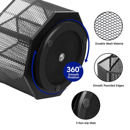 Comix 360° Rotating Pen Holder for Desk, 5 Compartments Office Desk Organizer, Black Mesh Metal Pencil Holder Cup for Office Home School