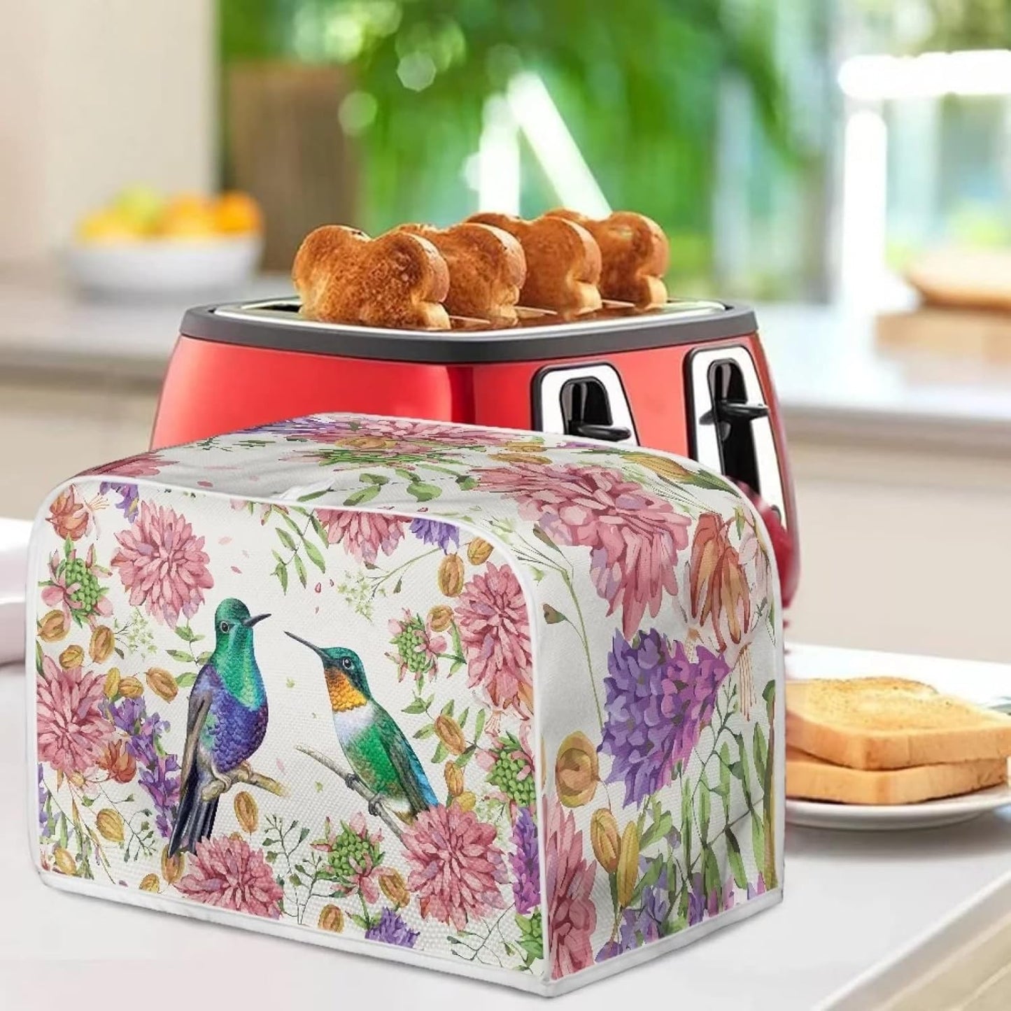 Hummingbird Floral Toaster Cover, Water-Resistant Kitchen Appliance Dust Protection for Most Standard 2 Slice Bread