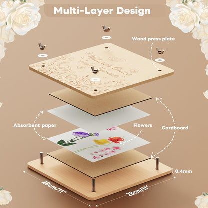 zunmial Flower Press Kit–Craft Kits 11" x 11" Large 10 Layers Wooden Flower Presser for Adults & Teens DIY Bouquet Preservation,Dried Flowers Art,Preservation for Bookmark Frame Wedding Flowers Drying