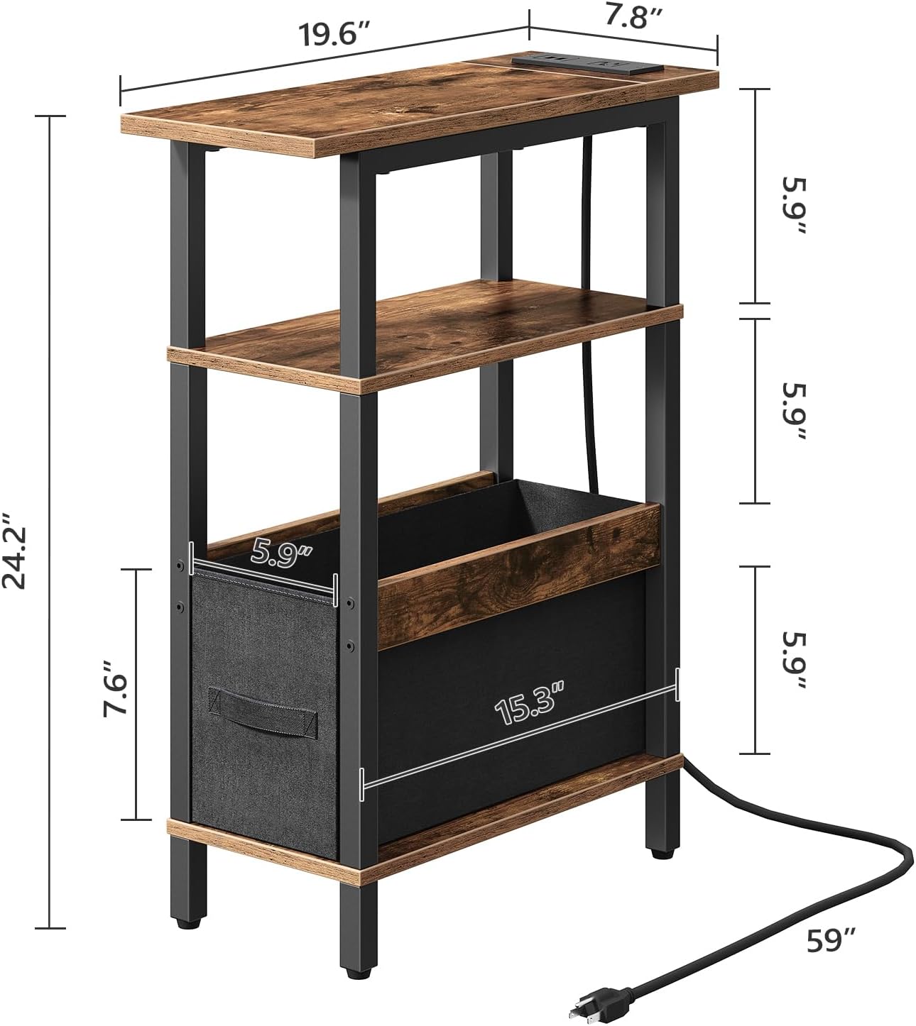 Narrow Side Table with Charging Station - 3 Tier Small End Table for Small Spaces, Rustic Brown