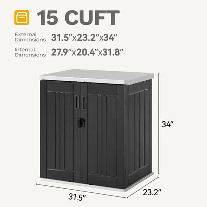 DWVO Outdoor Storage Cabinet with 2 Shelves, Waterproof Horizontal Plastic Storage Shed with Lockable Door, 15 cu. ft. Patio Tools Storage Box for Patio, Garden, Backyard, Deck, Dark Gray