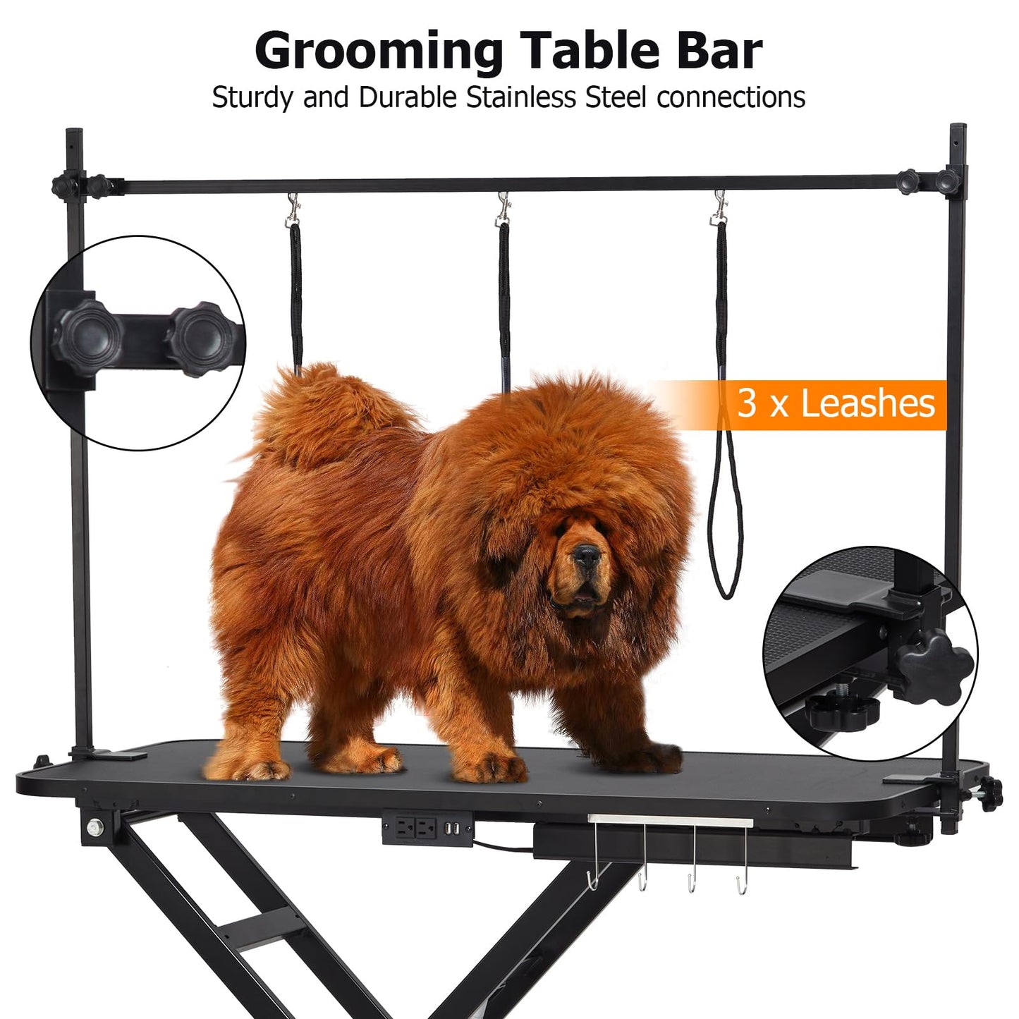 Towallmark Electric Dog Grooming Table, Height Adjustable Large Pet Anti Slip Desktop, Foldable Bathing Desk with Overhead Arm, Hooks & 3 Nooses, Maximum Capacity Up to 264.5Lbs, Balck