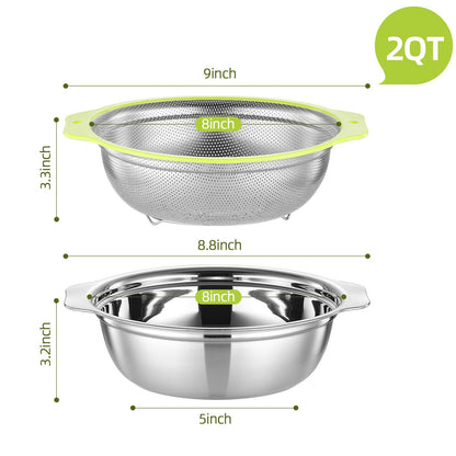 AHIABOAT Colander Stainless Steel Microporous, 2QT Rice Strainer with Mixing Bowl, Rice Washer Bowl Set with Handle, Food-Grade Strainers and Colanders for Kitchen, Pasta, Fruit, Dishwasher Safe