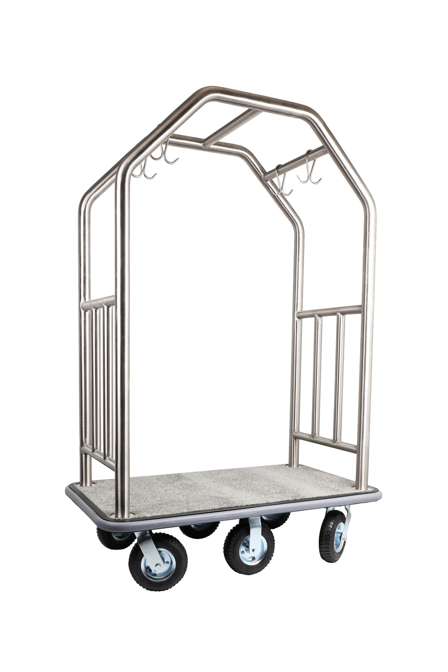 Wholesale Hotel Products Brushed Stainless Steel Luggage Cart – 1500lb Capacity–Bellman Cart w/ Grey Bumper Guard, Plush Carpet, 2” Welded Steel Frame & 8" Wheels, for 5-Star Hotels (Grand Lux Series)