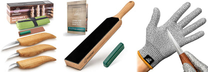 BeaverCraft Wood Carving Kit for Beginners S15 with Detail Chip Sloyd Whittling Knives, Dual-Sided Leather Strop Kit for Knife Sharpening LS6P1, Cut Resistant Gloves Level 5 for Woodworking Food Prep