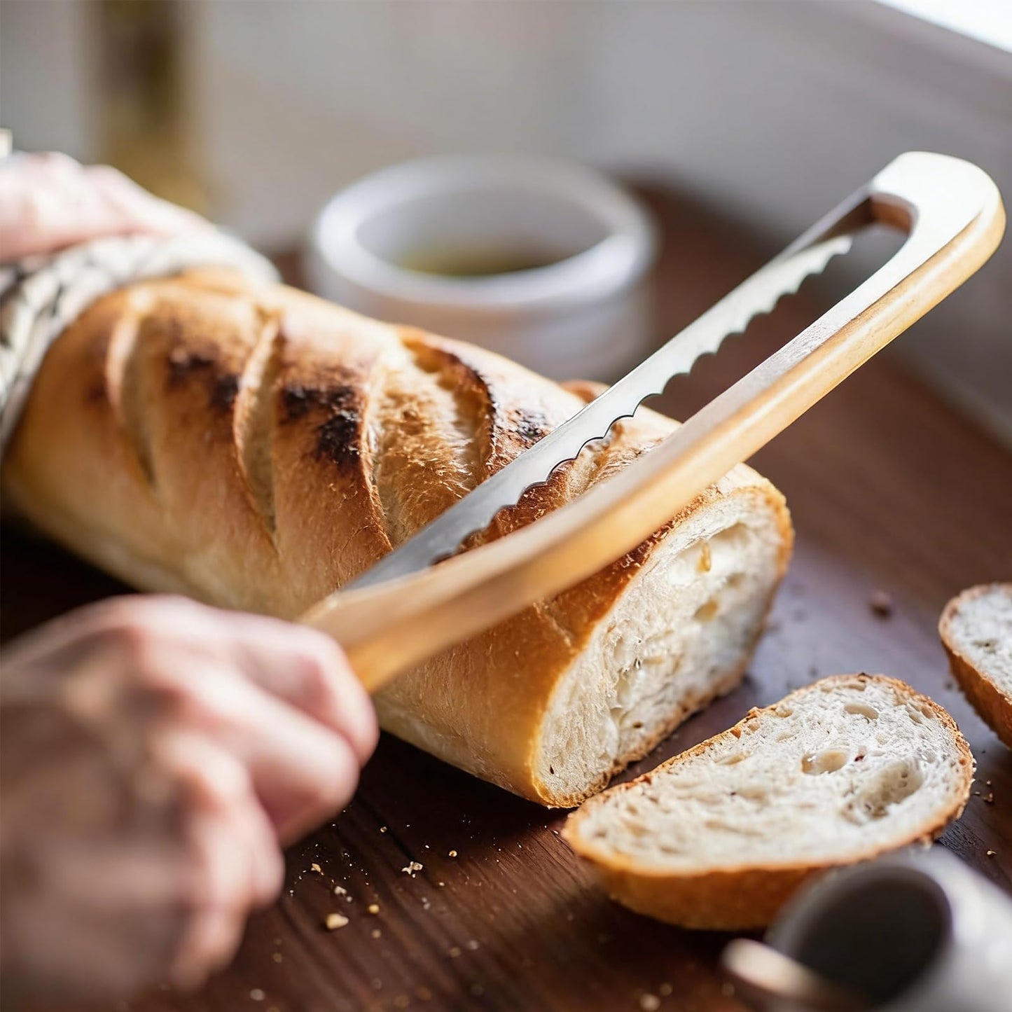 Bread Bow Knife for Homemade Bread, Bread Cutter and Wooden Board Set,Bread Cutting Board with Crumb Tray,Universal Left Right Handed Design,Kitchen Gadgets Gifts for People who Love Baking