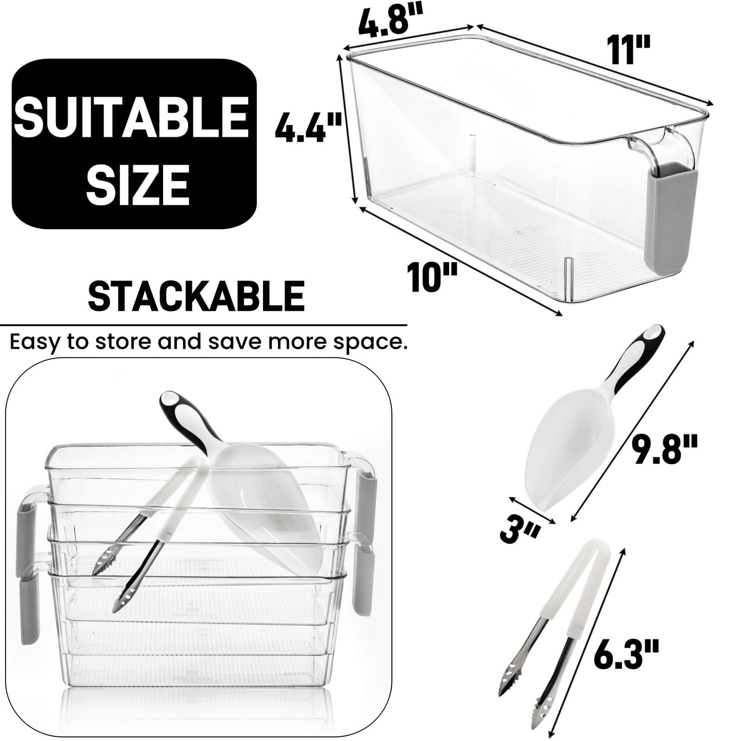 Pumtus 4 Pack Clear Ice Bins for Freezer, Plastic Ice Bucket with Flexible Scoop & Ice Tong, Pull Out Handle Ice Container, Kitchen Food Storage Organizer, Pantry Canister for Wine Beverage Fruit