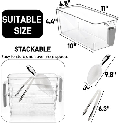 Pumtus 4 Pack Clear Ice Bins for Freezer, Plastic Ice Bucket with Flexible Scoop & Ice Tong, Pull Out Handle Ice Container, Kitchen Food Storage Organizer, Pantry Canister for Wine Beverage Fruit
