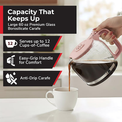 12-Cup MUELLER HOME Pink Coffee Maker - Borosilicate Carafe, Auto-Off, Pink Kitchen Accessories, Reusable Filter