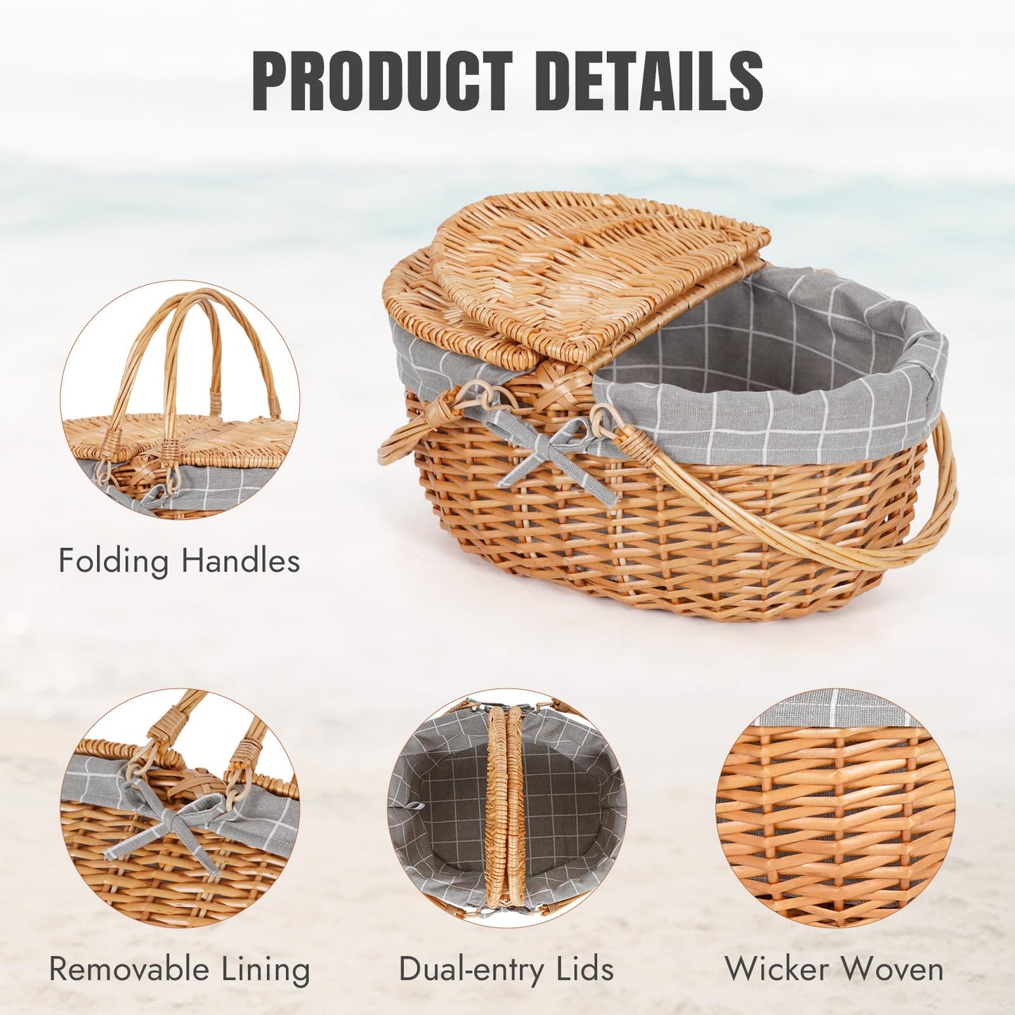 Happypicnic Wicker Picnic Basket with Handle, 15" Large Empty Picnic Basket with Lid & Removable Liner, Vintage Hand Woven Basket for Picnics, Camping, Veg Picking, Mother's Day, Thanksgiving (Check)